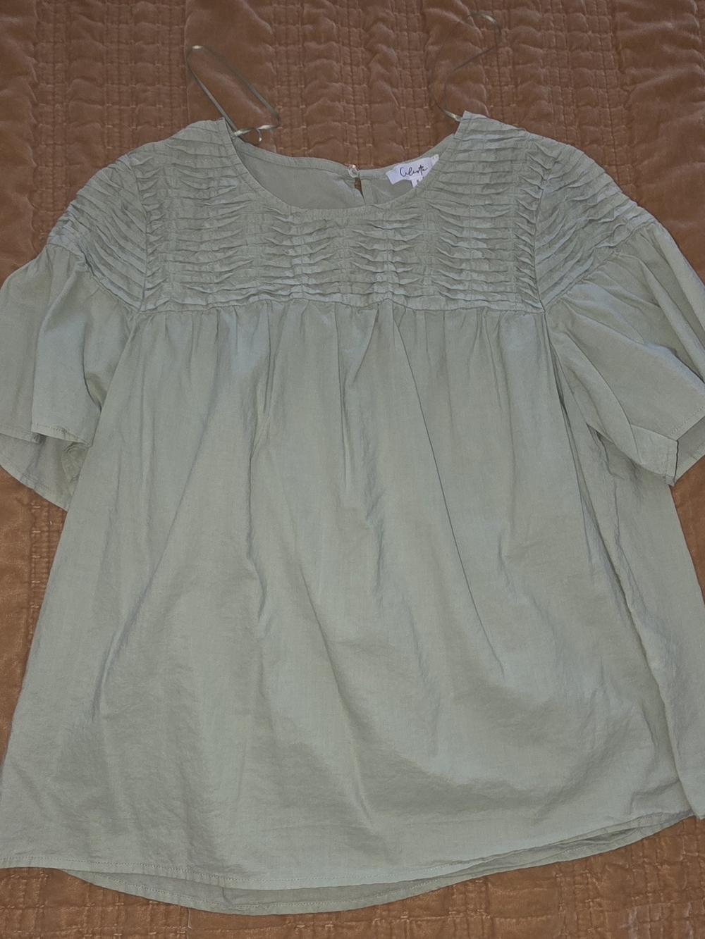 CeCe Sage Pintuck Yoke Short Sleeve Blouse